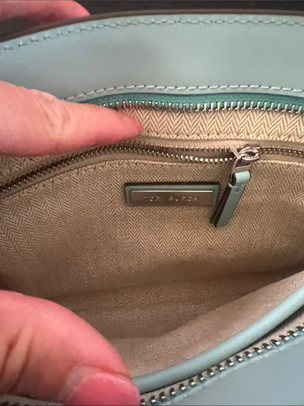 Tory Burch Mint Blue Patent Crossbody with Beige Adjustable Strap